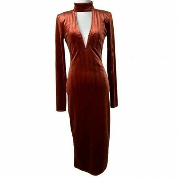 Michael Costello x REVOLVE Yuri Midi Dress Women's XXS Long Sleeve Velvet Rust - Picture 3 of 12